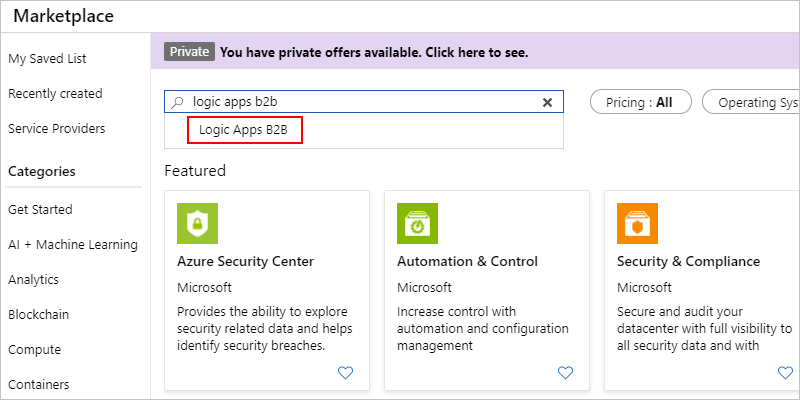 屏幕截图显示了可在其中搜索并选择 Logic Apps B2B 的市场。