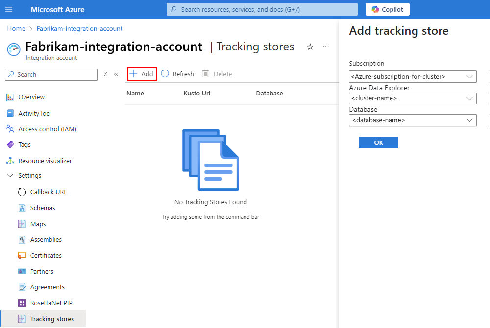 屏幕截图显示了 Azure 门户、高级集成帐户菜单，其中选择了名为“跟踪存储”的项、具有“添加”选项的工具栏，以及“添加跟踪存储”的打开窗格。
