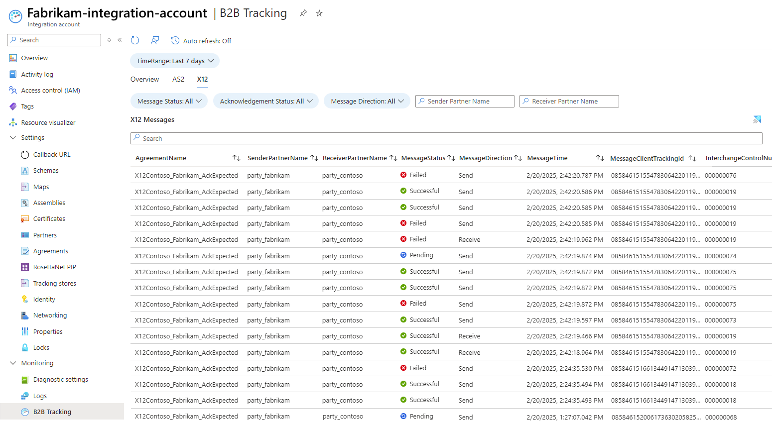 屏幕截图显示了高级集成帐户，其中选择了 B2B 跟踪，以及一个表，其中包含有关收集的 X12 消息的详细信息。