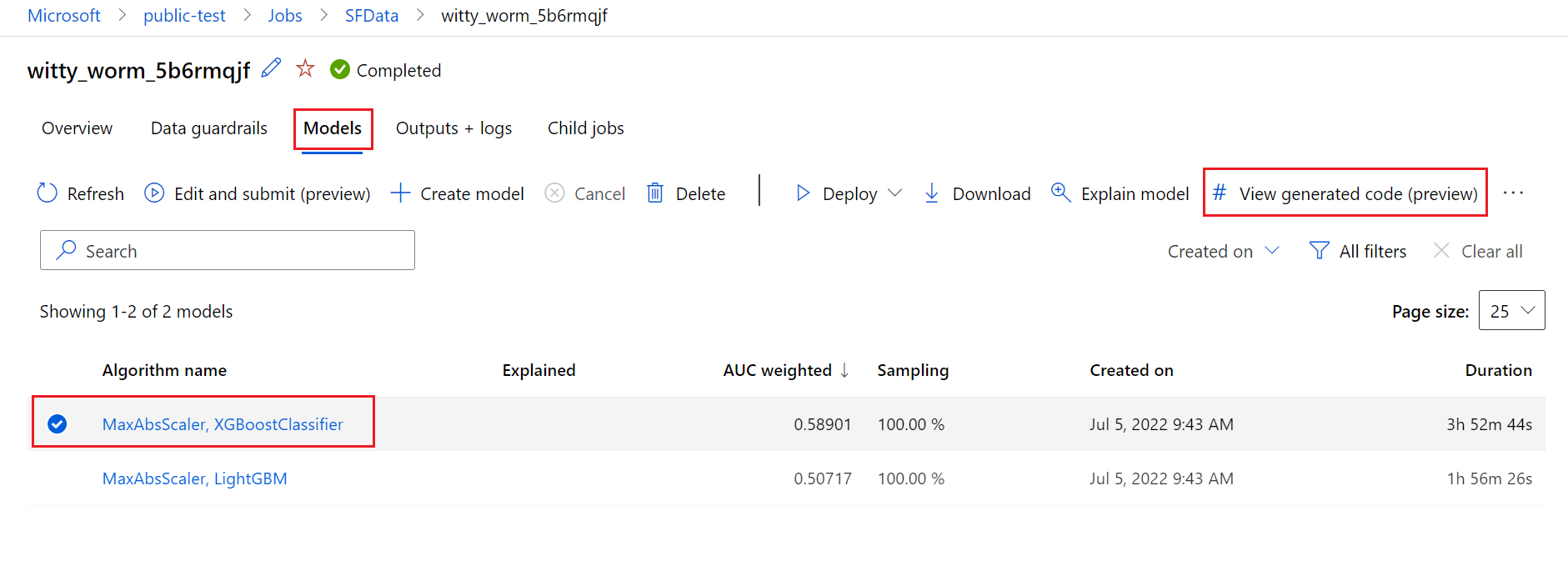 显示“模型”选项卡以及选择了模型的屏幕截图，如上文所述。