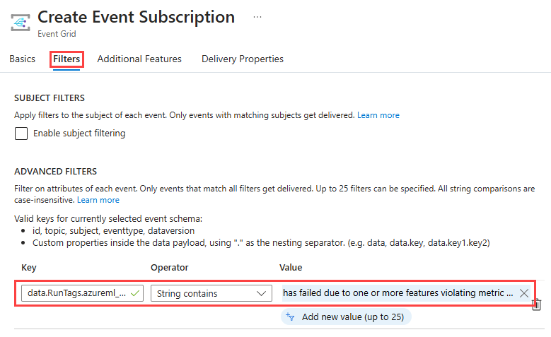  Azure portal 中“创建事件描述”页的截图。突出显示了筛选器选项卡和键、运算符和值下的内容。