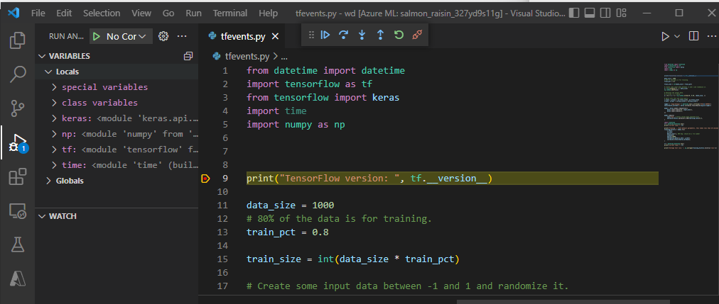 Visual Studio Code 编辑器中设置的示例断点位置的屏幕截图