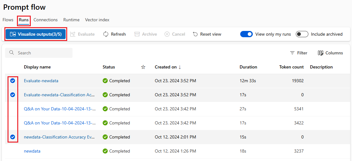 工作区中的运行列表的屏幕截图。