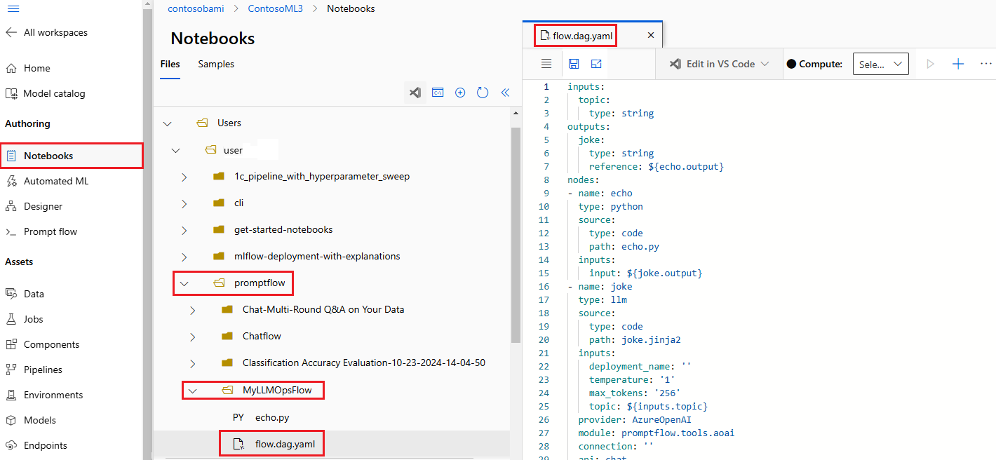 Azure 机器学习中“笔记本”的屏幕截图,其中包含显示文件的提示流文件夹。