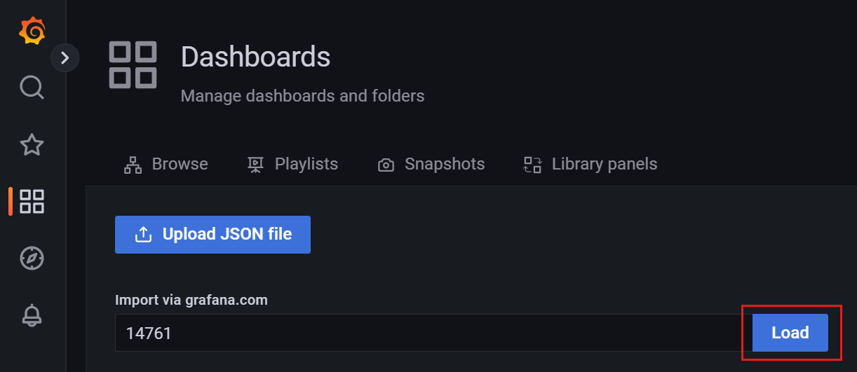 Grafana 工作区的屏幕截图。加载仪表板以导入。