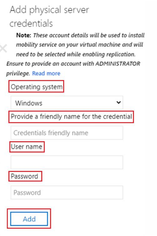 屏幕截图显示如何添加物理服务器凭据