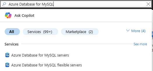 屏幕截图，显示搜索 Azure 数据库的 MySQL 服务器。