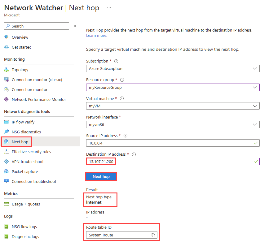 截图演示如何使用 Microsoft Azure Network Watcher 的下一跳功能测试与 www.bing.com 的通信。