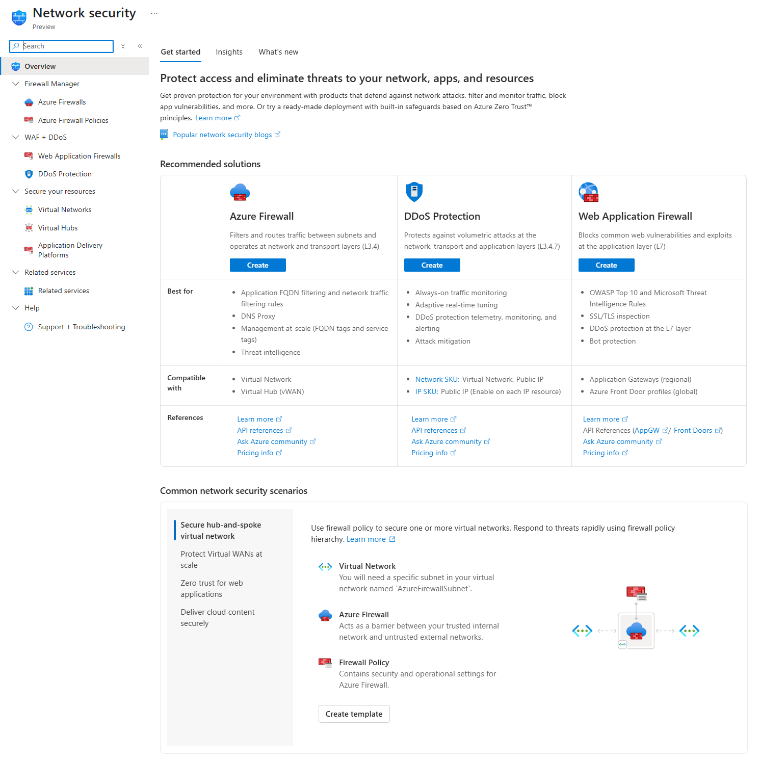 Azure 门户中网络安全选择体验的屏幕截图。
