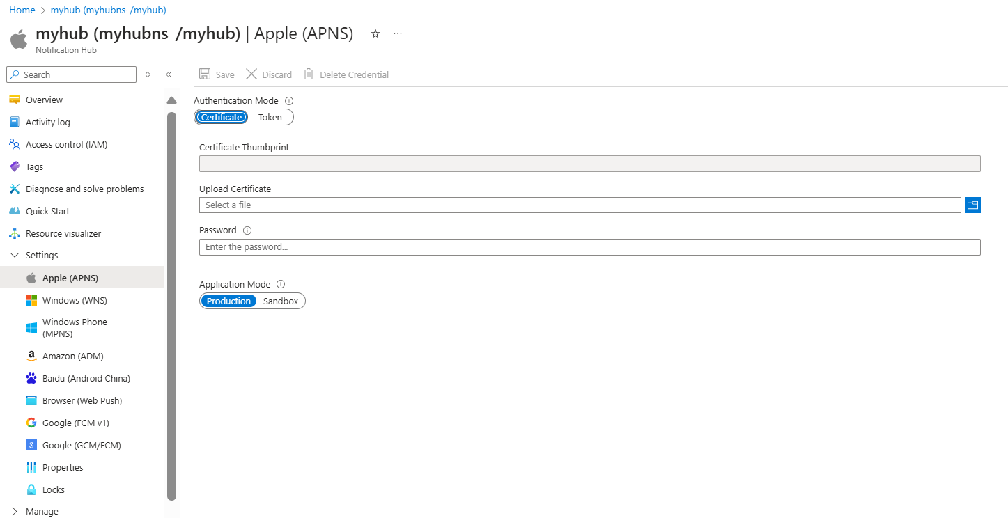 Azure portal 中 APNS 证书配置的屏幕截图。
