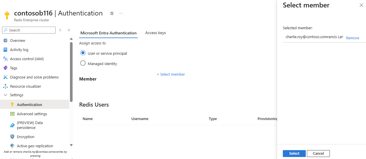 Azure 门户中 Redis 缓存中的身份验证选项卡的屏幕截图。
