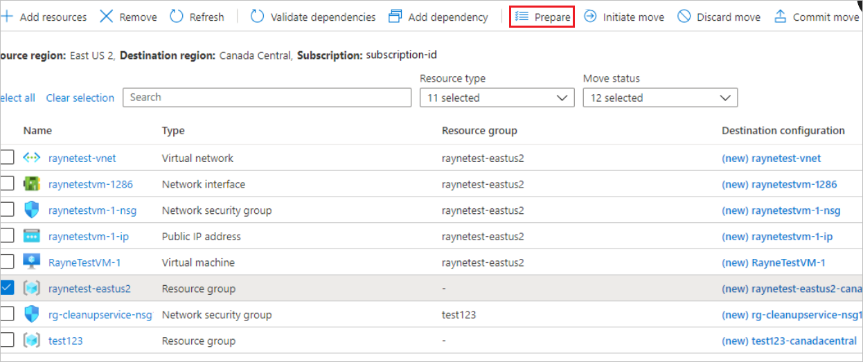用于准备源资源组的按钮
