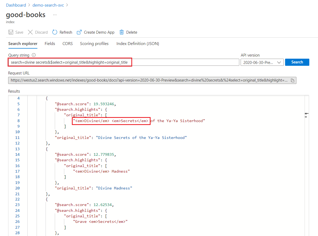 短语查询上突出显示的屏幕截图。