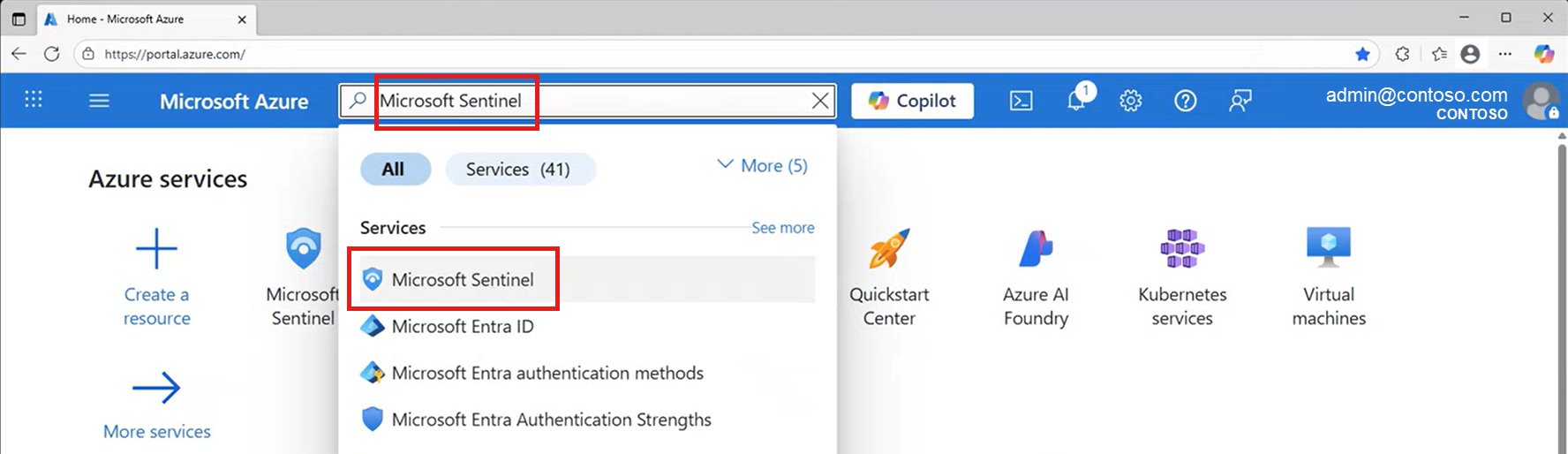 从 Azure 门户搜索并选择Microsoft Sentinel 的屏幕截图。