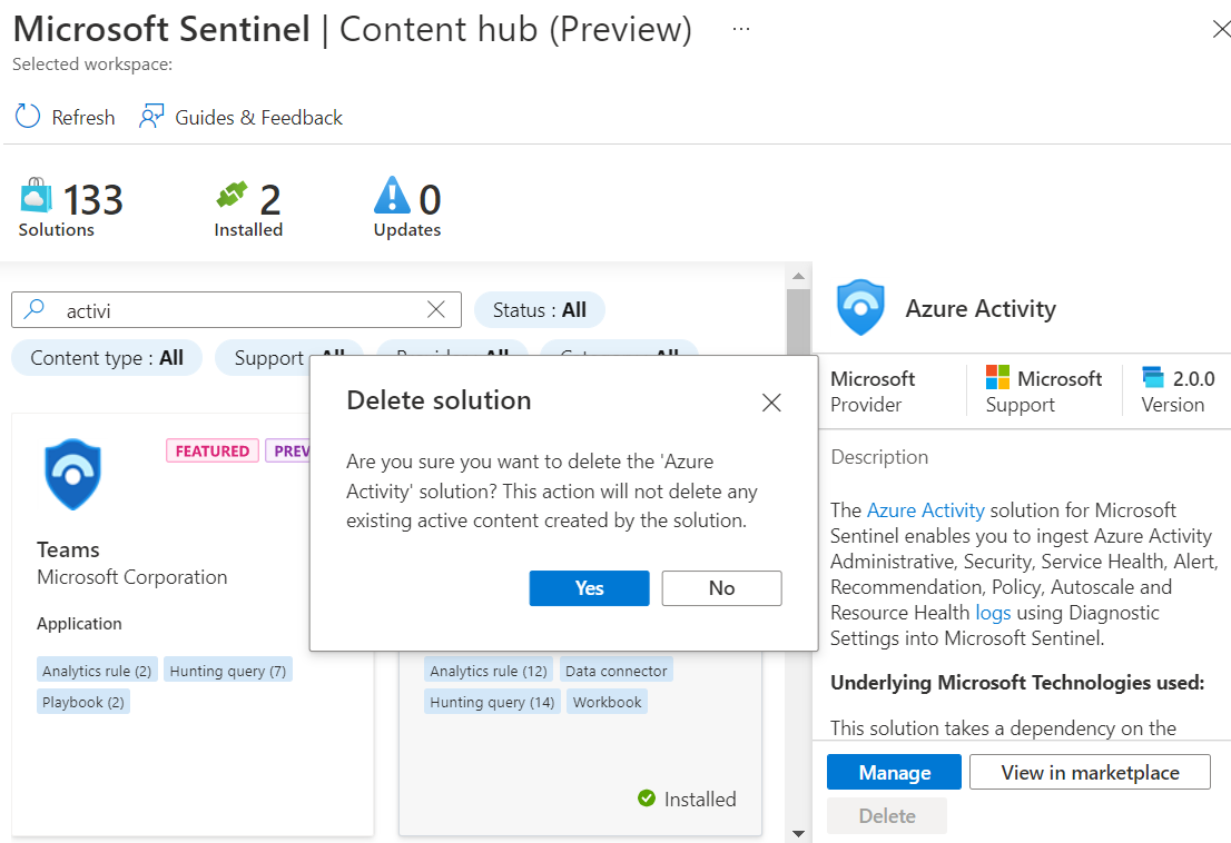用于删除解决方案的确认提示的屏幕截图。