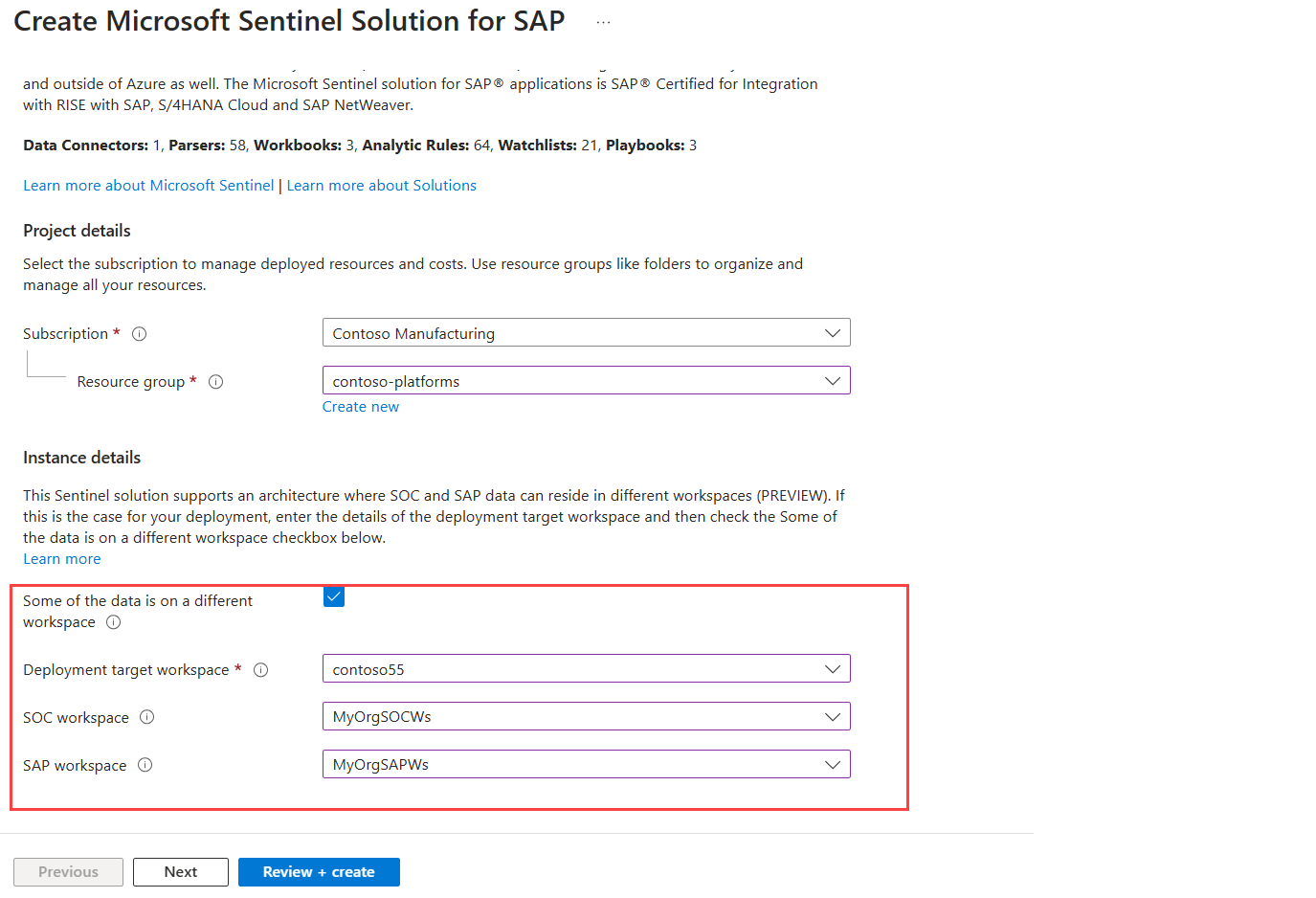 显示如何为 SAP 应用程序配置 Microsoft Sentinel 解决方案以跨多个工作区工作的屏幕截图。