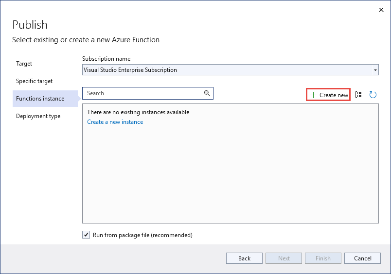 Screenshot 显示“Visual Studio - 发布”对话框的“添加函数”按钮