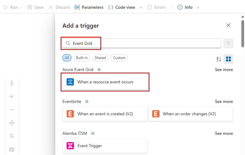 显示“逻辑应用设计器”的屏幕截图，其中选择了“事件网格”触发器。
