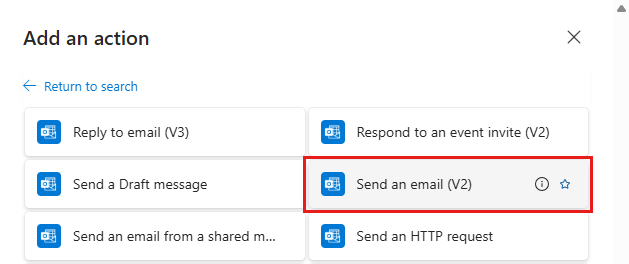 显示选择“发送电子邮件”操作的屏幕截图。