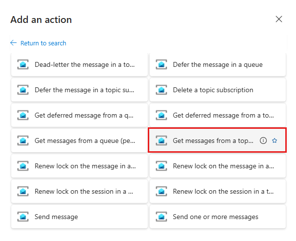 显示“逻辑应用设计器”的屏幕截图，其中选择了“从主题订阅获取消息”。