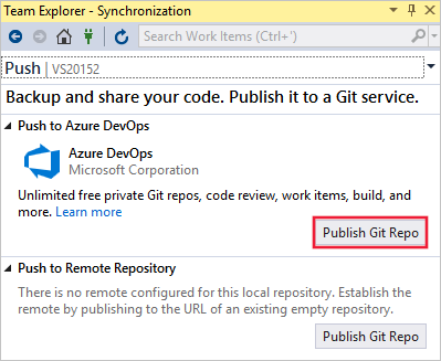 Visual Studio 中团队资源管理器 - 同步窗口的屏幕截图。在“推送到 Azure DevOps”下，突出显示了“发布到 Git 存储库”按钮。