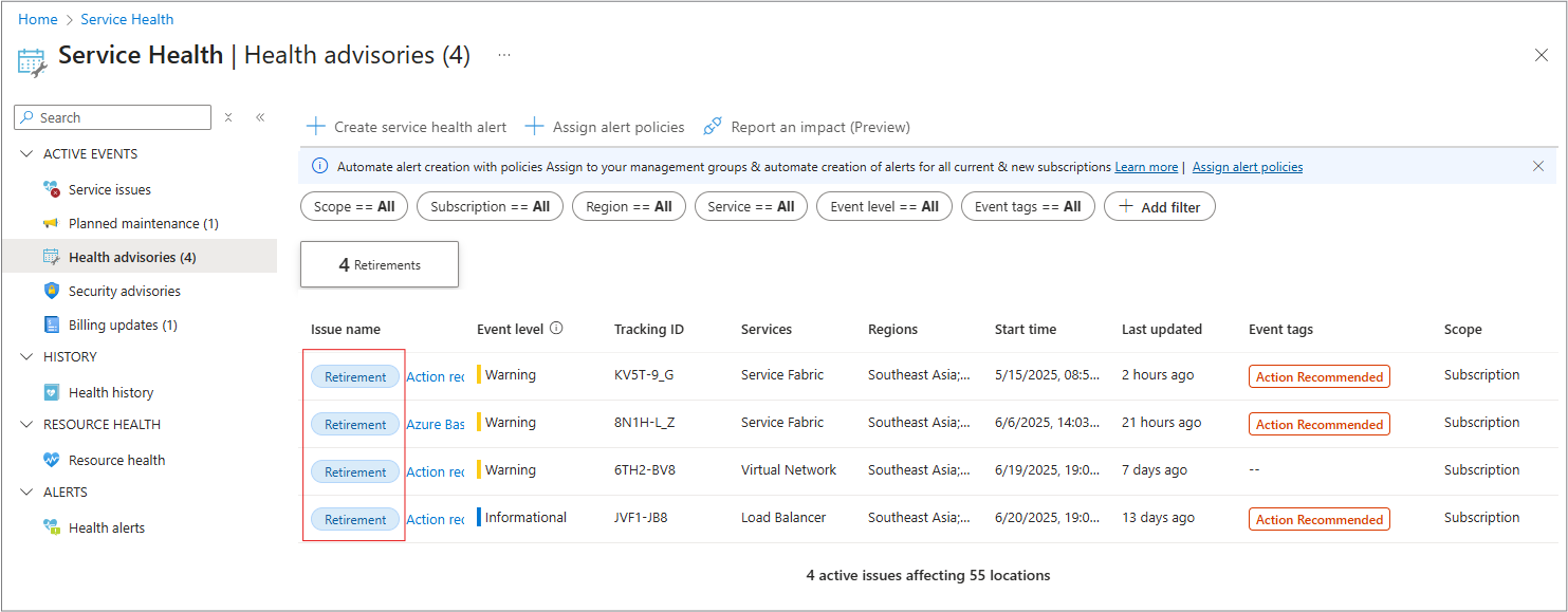 包含子类型事件标记的健康公告窗格截图。
