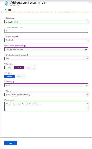 屏幕截图显示了Microsoft Entra ID 的网络安全组的“添加出站安全规则”。