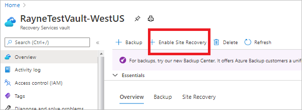 选择在保管库中启用 Site Recovery 功能