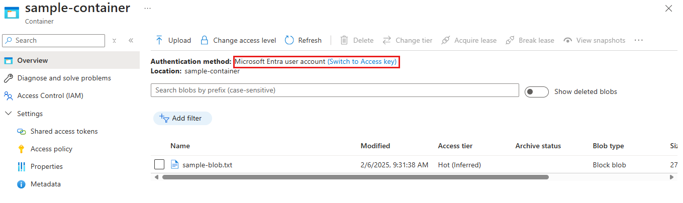 显示用户当前正在使用 Microsoft Entra 帐户访问容器的屏幕截图