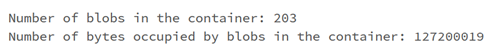 运行单元格时显示的结果的屏幕截图，其中显示了容器中 blob 的数目和 blob 的大小。