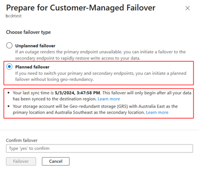 显示“准备故障转移”窗口中选择的“计划的故障转移”选项的屏幕截图。