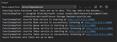 显示将 Azurite 设置为 Azure Functions 项目的运行时存储帐户后输出的屏幕截图。