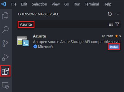 显示如何在 Visual Studio Code 中搜索和安装 Azurite 扩展的屏幕截图。