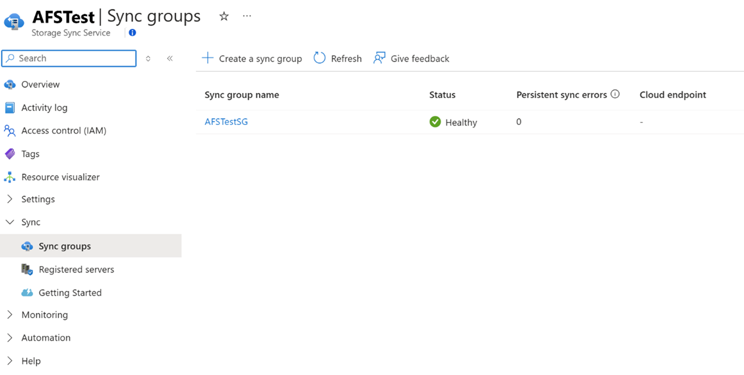 同步组窗格的屏幕截图，其中显示了新添加的同步组的“正常”状态。