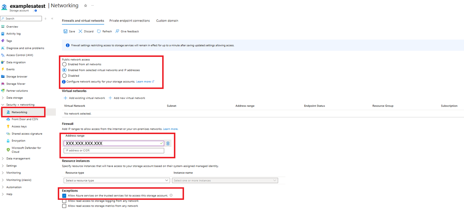 配置防火墙和虚拟网络设置以使用 Azure 文件同步的屏幕截图。