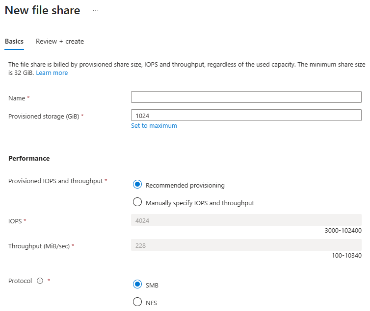 新建文件共享刀片中的“基本信息”标签页屏幕截图（v2 版本已预配）
