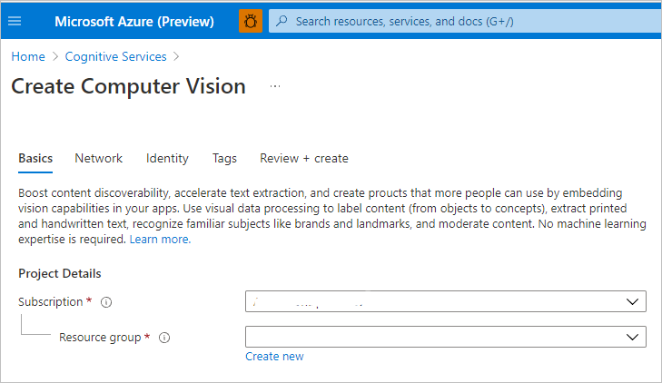 截图显示在门户中使用“创建”按钮中的计算机视觉。