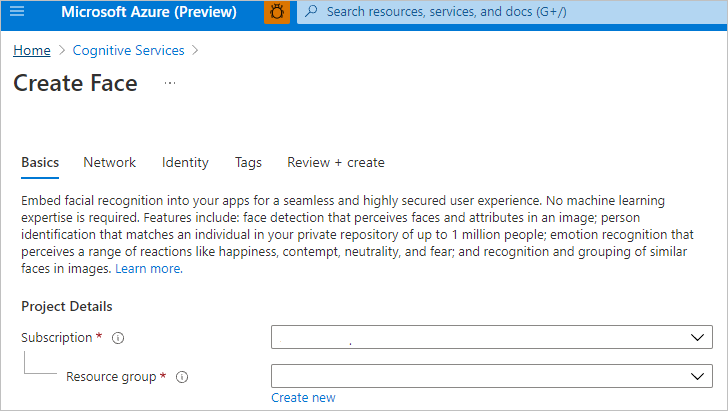 屏幕截图显示门户中的人脸，其中显示了“创建”按钮。