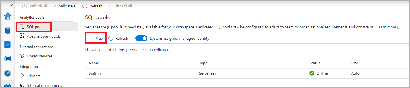 Synapse Studio 管理中心中 SQL 池列表的屏幕截图。