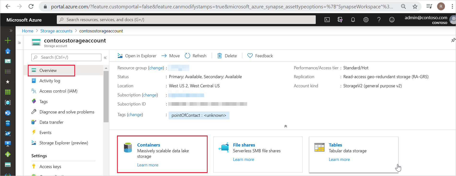 Azure 门户的屏幕截图，其中显示了 Data Lake Storage Gen2 帐户的概述。