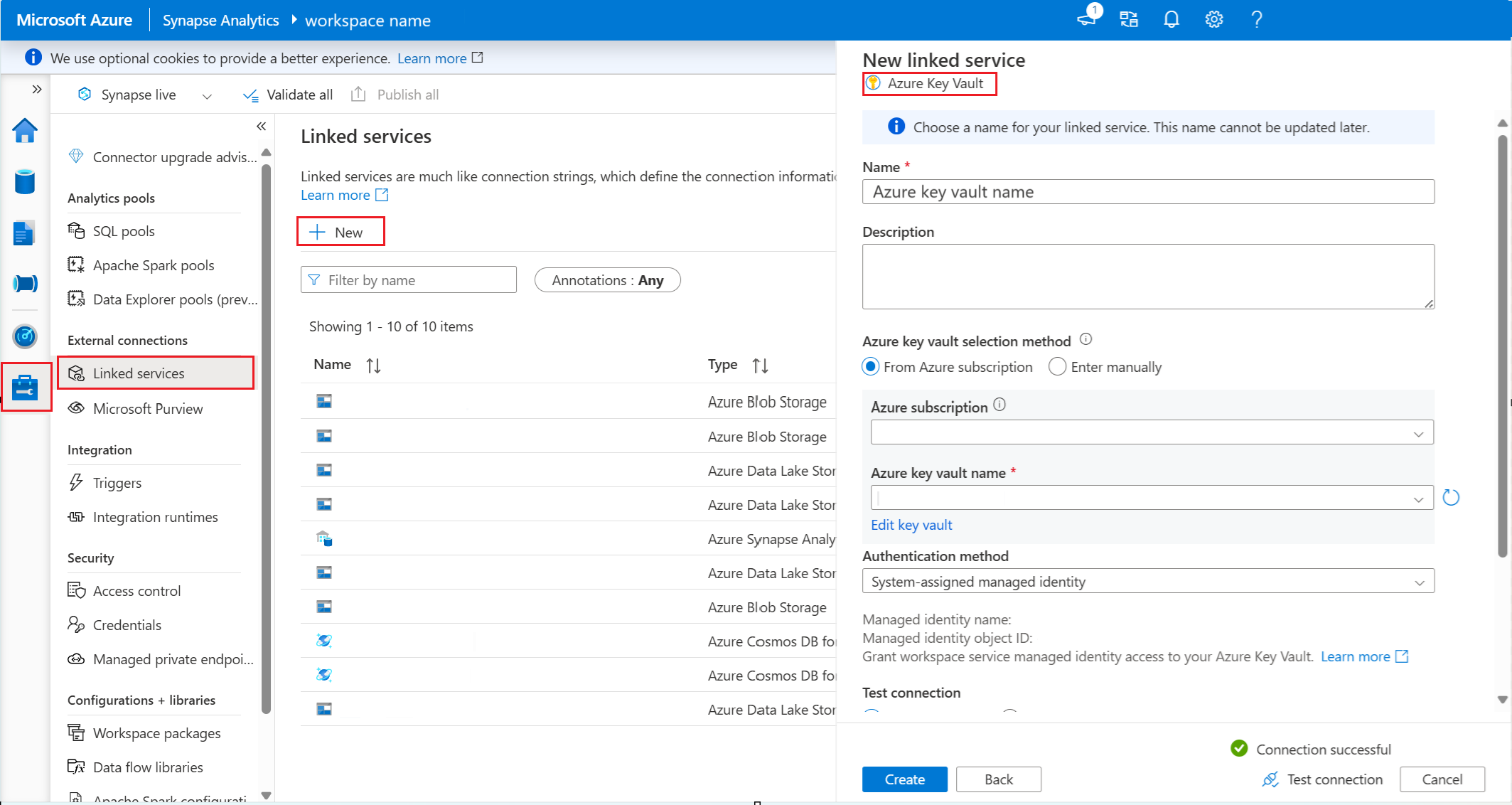 显示在 synapse 中创建链接服务的屏幕截图。