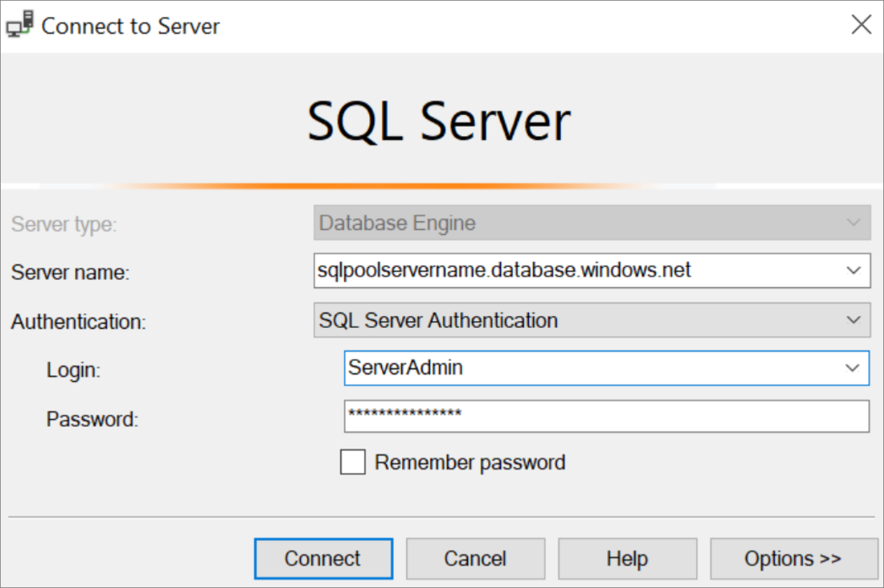 SQL Server Management Studio（SSMS）的屏幕截图。连接到服务器。