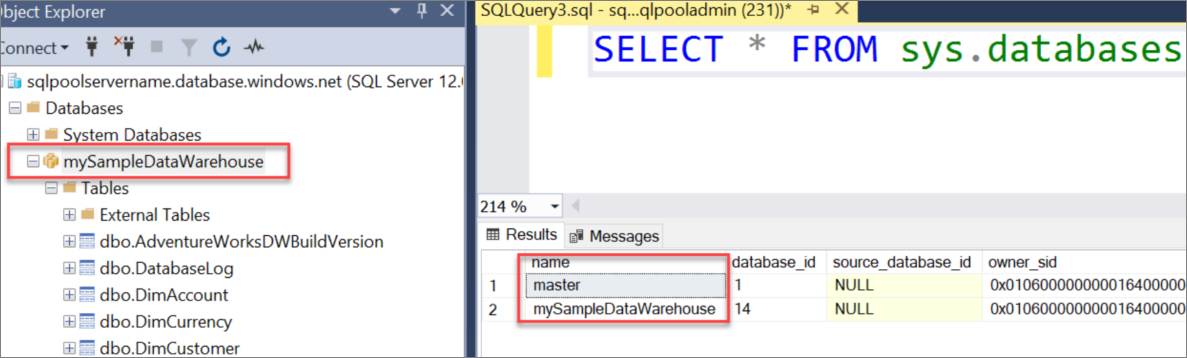 SQL Server Management Studio（SSMS）的屏幕截图。查询 SSMS 中的数据库，在结果集中显示 master 和 mySampleDataWarehouse。