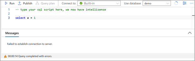 查询编辑器的 Azure 门户屏幕截图，其中显示了错误消息。