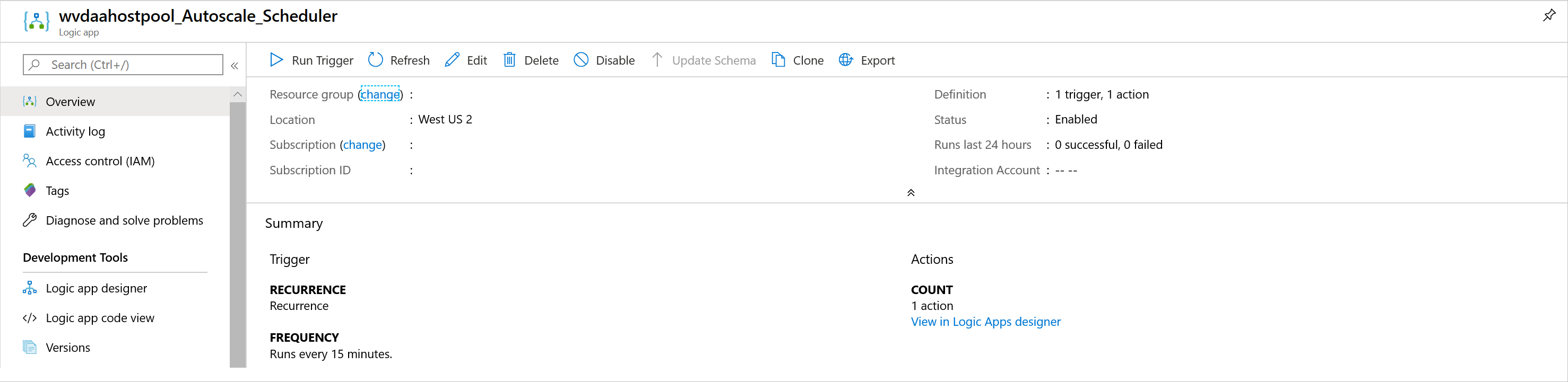 示例 Azure 逻辑应用的概述页的图像。