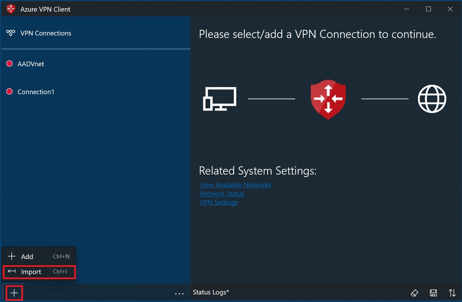 屏幕截图显示从加号菜单选择了“导入”。