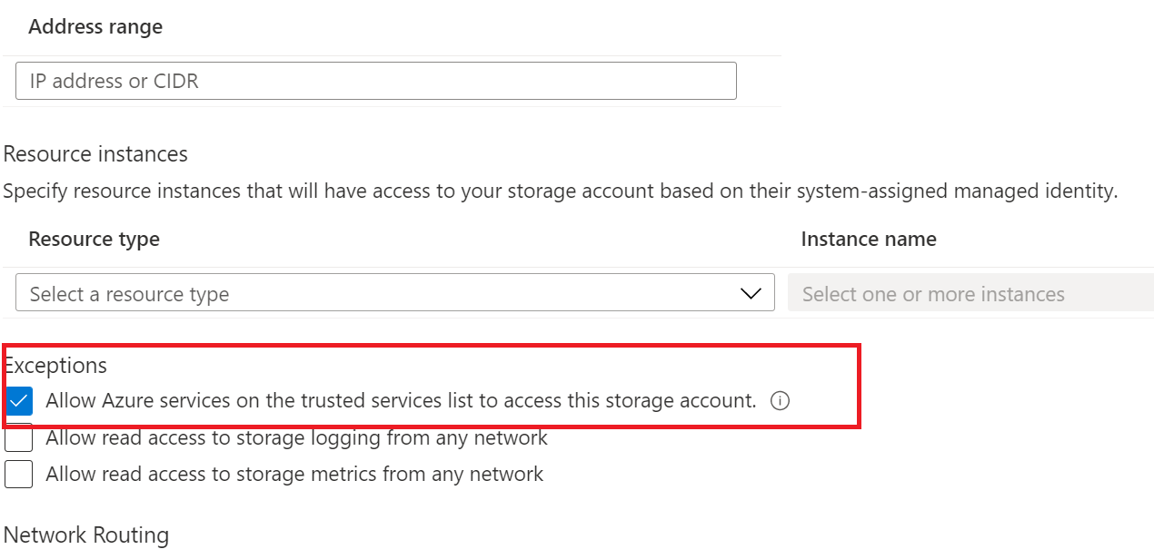 显示“允许受信任的 Microsoft 服务访问此存储帐户”例外的屏幕截图