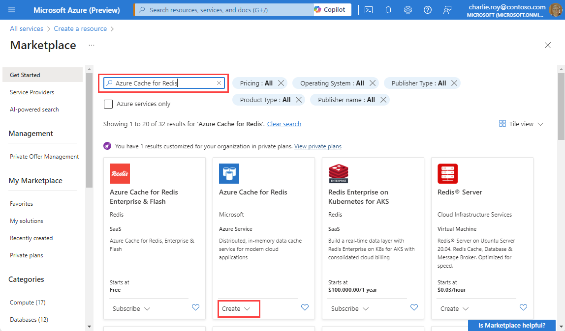 Azure 市场的屏幕截图,其中搜索框中显示“Azure Cache for Redis”,并用红色框突出显示了“创建”按钮。
