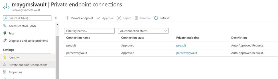 显示 Azure 门户中保管库的专用终结点连接页和连接列表。