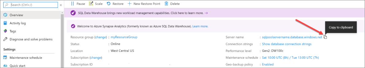 A screenshot of the Azure portal. Find server name and copy the server name to clipboard.